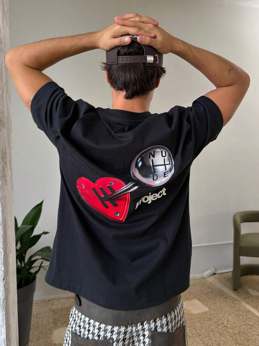 INFLATION Camiseta de manga corta con cuello redondo, de moda y casual con estampado de hip-hop para hombres - Negro - Ver 1
