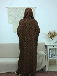 Vintage Floral One-Piece Prayer Robe With Headscarf, Loose Long Gown For Muslim Daily Prayer And Home Use - Mocha Brown - View 7