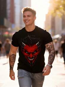 Camiseta Oversized Y2K con Estampado de Cara de Diablo en Rojo con Detalles de Cuernos y Dientes Afilados, Perfecta para Streetwear y Hip-Hop, Regalo de Estilo Gótico Casual para Tallas S, Lavable a Máquina - Negro - Ver 4
