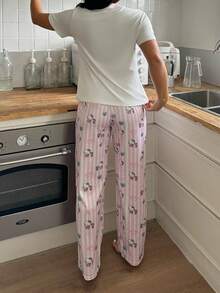SANRIO [WONDER WORLD]2pcs Hello Kitty Women Crew Neck Printed Short Sleeve Top + Straight Elastic Waist Pants Cute Pajama Set - Pink - View 2