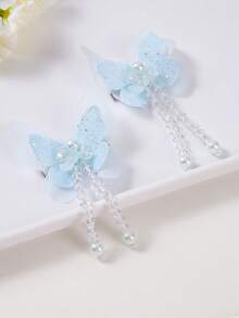 2pcs/Set Girls/Teens Light Blue Sequin Double-Layer Faux Butterfly Hair Clips, Cute Pearl Flower Side Bangs Hairpins, Everyday Use - Baby Blue - View 3