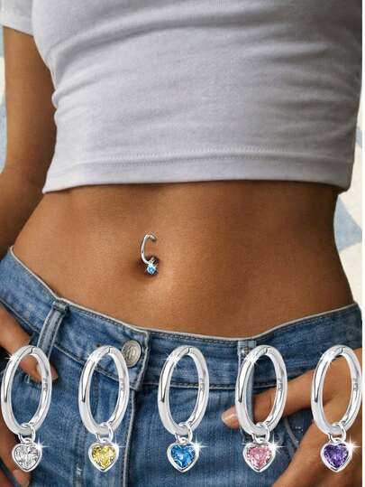 1 chiếc khuyên rốn bằng bạc sterling 925 đính đá CZ hình trái tim nhiều màu sắc, trang sức xỏ rốn phong cách tối giản dành cho nữ.