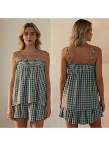 Women's 2 Piece Lounge Outfits Sleeveless Plaid Cami Tank Tops Wide Leg Shorts Sets - Blue-brown - View 6