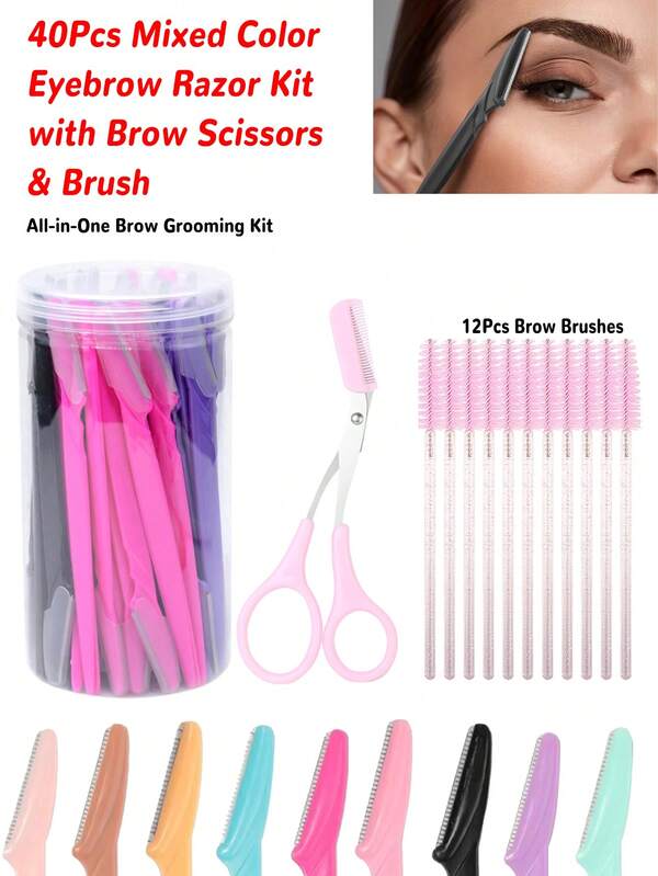 40/24/12/1 Pc Mixed Color Eyebrow Razor Kit With Brow Scissors & 12Pcs Brow Brushes, All-In-One Eyebrow Grooming Set For Beginners & Women Eyebrow Grooming Kit Mixed Color Beauty Tools Facial Hair & Eyebrow Trimming Set