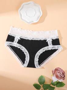 蕾丝边蝴蝶结中腰三角裤 - 1 条装 - 黑與白 - 查看 1