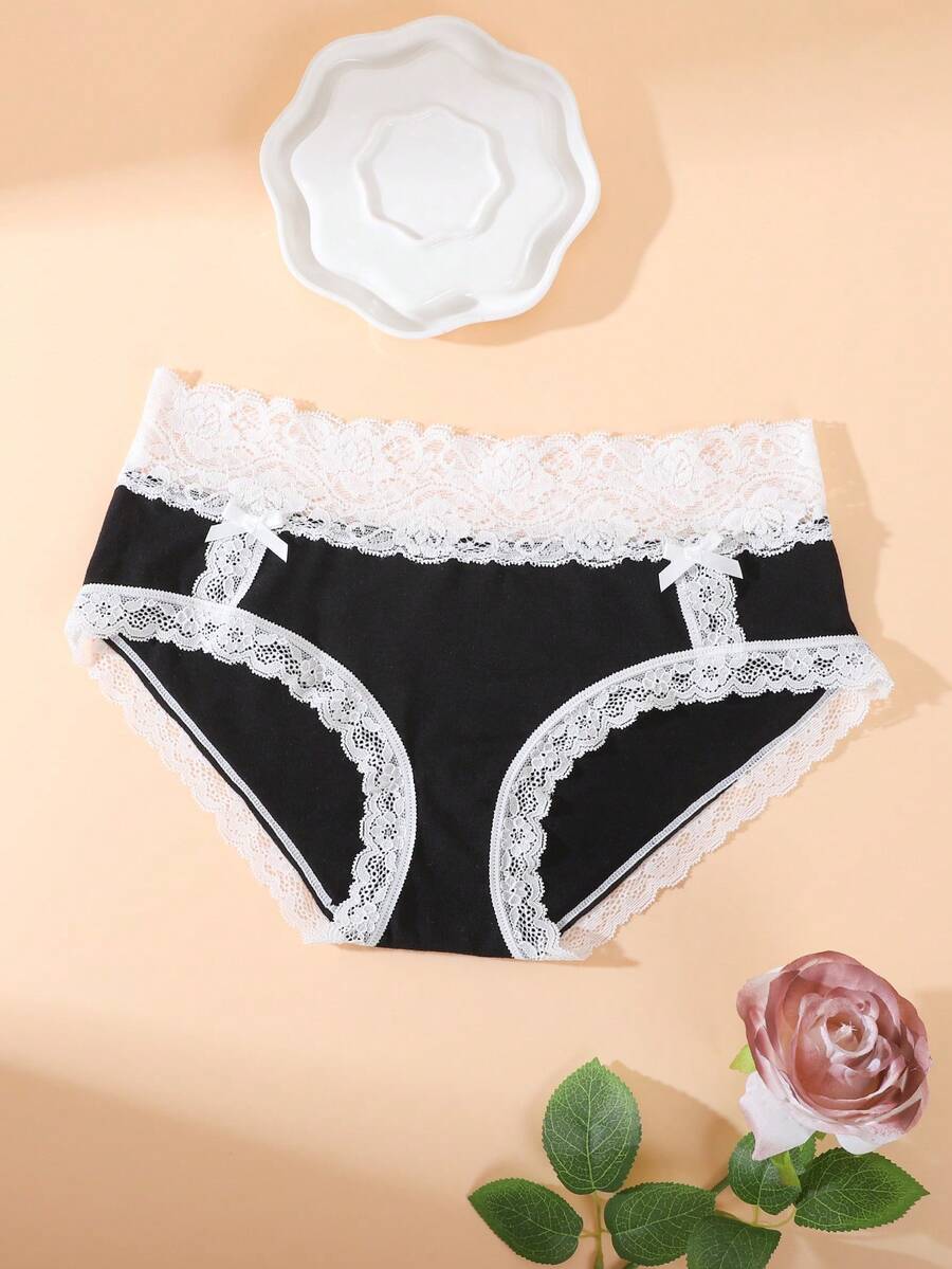 蕾丝边蝴蝶结中腰三角裤 - 1 条装 - 黑與白 - 查看 1