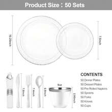 350PCS Clear Plastic Plates With Silver Trim For 50 Guests Disposable Dinnerware Set For Party And Wedding Includes 100 Plastic Plates 50 Pre Rolled Napkins With Silver Silverware 50 Cups - 銀 - 查看 3