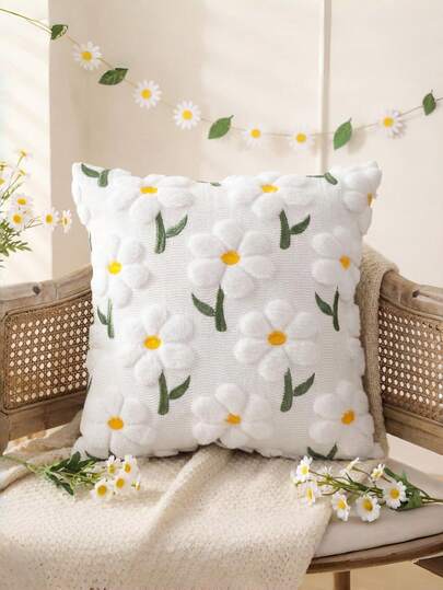 刺绣雏菊抱枕套 18 x 18 英寸 3D 可爱花朵抱枕套 波西米亚风装饰簇绒靠垫套 春夏家居装饰 适用于沙发、床、客厅