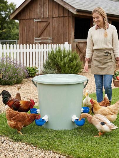 Automatic Poultry Drinker Set - Large Blue Chicken Drinking Cup, Suitable For Chickens, Ducks, Geese, Turkeys And Rabbits - 5 Piece Set (Water Bucket Not Included)