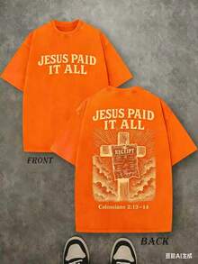 Retro Washed T-Shirt Double Sided Printed (230 Pure Cotton) 'JESUS PAID IT ALL' Letter And Cross Pattern Print, Christian Gift, Men's T-Shirt Unisex - 橘色 - 查看 3