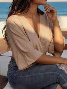 女士V领休闲上衣，波西米亚风设计，腰部系带，蝙蝠袖，适合日常和度假穿着。 - 深杏色 - 查看 5