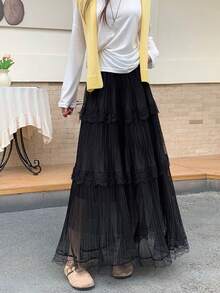 2026 Spring/Summer New High Waist Lace & Mesh Patchwork Pleated A-Line Skirt, Slimming Flowy Flared Skirt Black - Black - View 5
