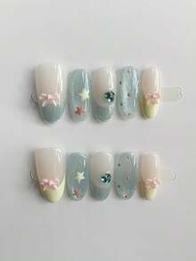 10pcs Handmade Solid Color Nail Stickers, Almond-Shaped Long Nails, Mint Blue Nails With Sea Salt Texture, Mint Blue Cat Eye Glitter Matching Cream Yellow French Tips, 3D Bow Rhinestone Decor, Hand-Painted Star Pattern, Cute Minimalist Nail Stickers Suitable For Women And Girls, Spring/Summer/Autumn/Winter, Party And Daily Wear - Mint Blue - View 1