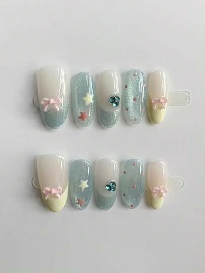 10pcs Pure Handmade Press On Nails Long Nails Almond Nails Mint Blue Nails Fresh Sea Salt Girlish Style Mint Blue Cat Eye Shimmer Paired With Creamy Yellow French Tips 3d Bow Rhinestone Embellishment Hand-Painted Star Patterns Cute Minimalist Press-On Nails For Women And Girl,Spring Summer Fall Winter Festivals Party And Dailys Life Use