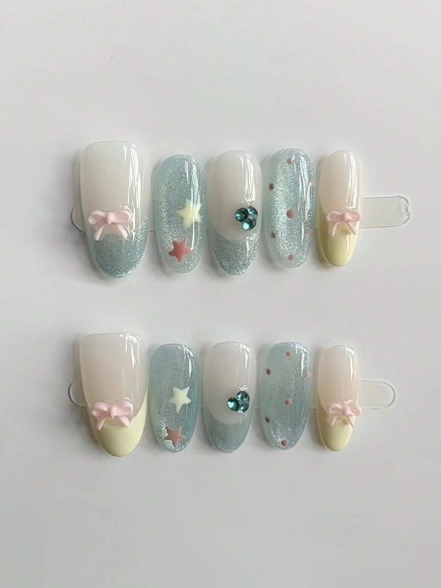 10pcs Handmade Solid Color Nail Stickers, Almond-Shaped Long Nails, Mint Blue Nails With Sea Salt Texture, Mint Blue Cat Eye Glitter Matching Cream Yellow French Tips, 3D Bow Rhinestone Decor, Hand-Painted Star Pattern, Cute Minimalist Nail Stickers Suitable For Women And Girls, Spring/Summer/Autumn/Winter, Party And Daily Wear - Mint Blue - View 1