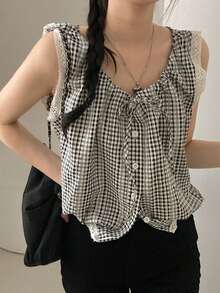 Sleeveless Lace Trim Camisole Top For Women Casual Summer - Black and White - View 1