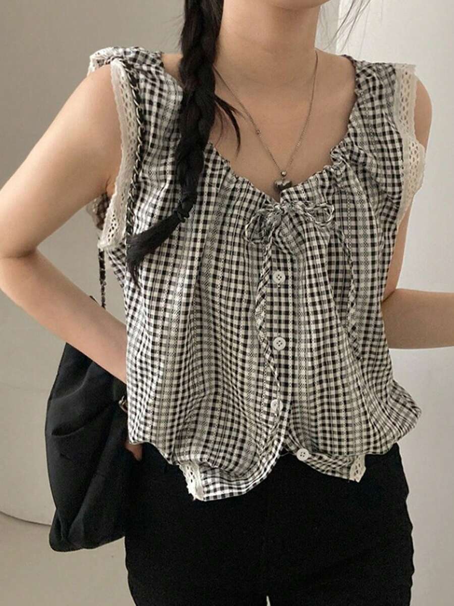 Sleeveless Lace Trim Camisole Top For Women Casual Summer - Black and White - View 1