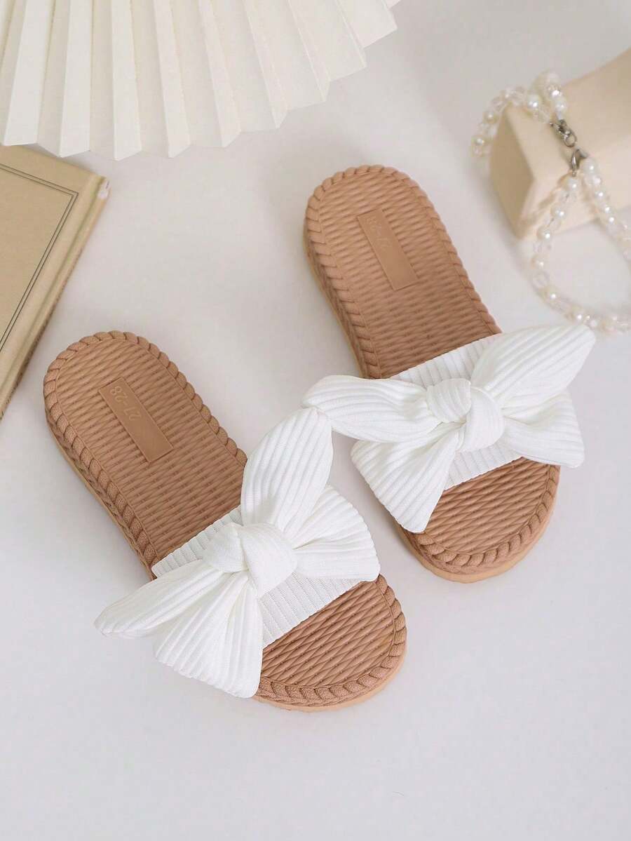 1 đôi dép lê đế bằng màu đen cho bé gái, chất liệu vải mềm mại, quai nơ, kiểu dáng tối giản, mũi tròn, co giãn, mềm mại, chống trơn trượt, dép đi biển cổ điển thời trang cho sinh hoạt hàng ngày, kỳ nghỉ, trong nhà, mùa xuân/hè. - trắng - Xem 1