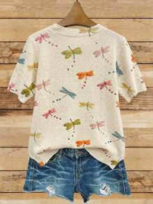 Comfortable Women Short Sleeve Knit Top, Colorful Dragonfly Pattern, Regular Fit, Vacation Wear, Summer Top - Apricot - View 5