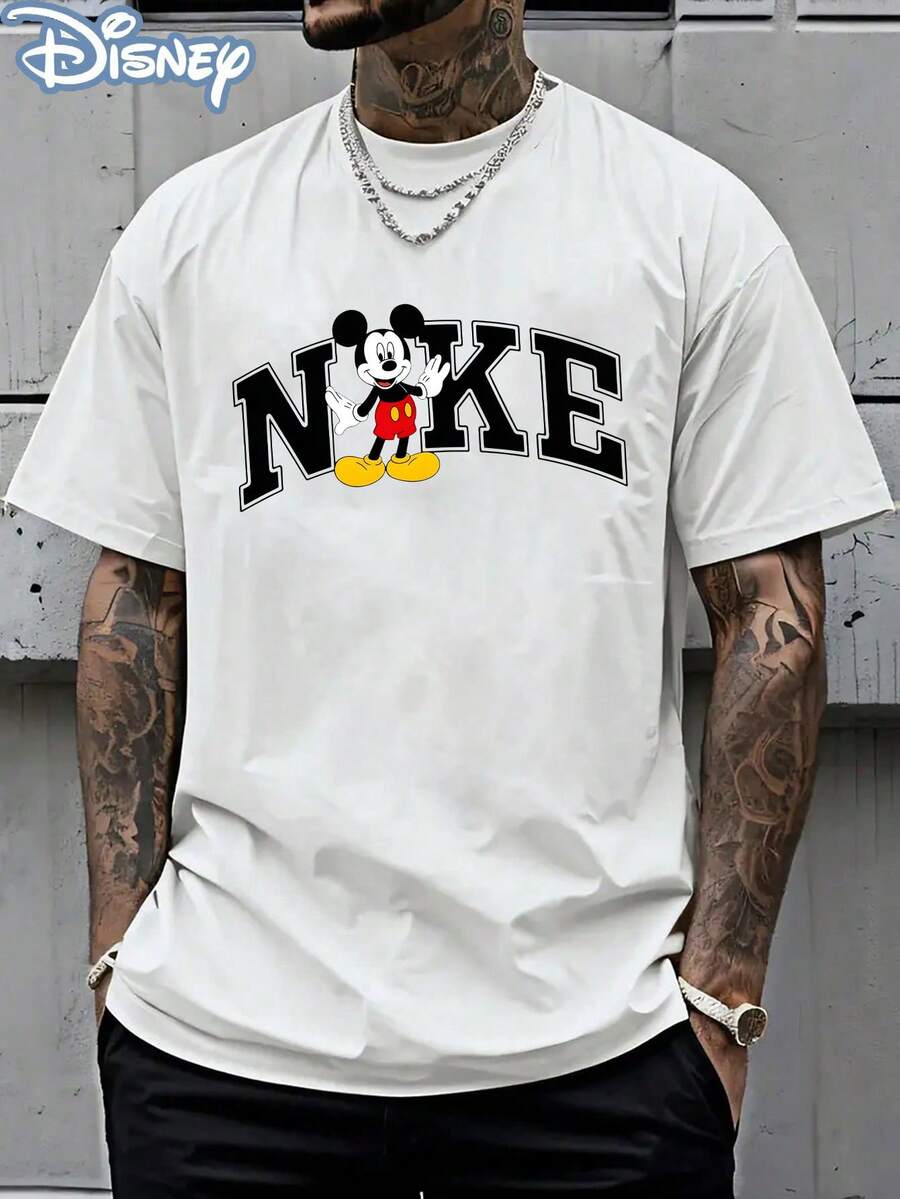 Disney Officially Licensed Mickey Mouse 2026 World Cup Retro Streetwear T-Shirt, 220g Heavyweight Cotton Crewneck Loose Oversized Tee, Men  Style Letter Print Graphic Short Sleeve, Casual Summer Top - 白色 - 查看 1