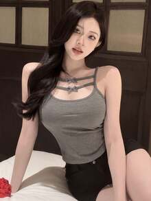 Spring/Summer Bowknot Camisole Top With Padded Bust, Sexy Sleeveless Cropped Tank Top For Women Casual - Gray - View 4