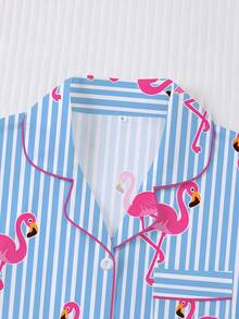 2pcs Sleepwear Set For Women, Striped Flamingo Print, Soft Fabric, Fashionable Outfit For Holidays & Parties, Short Sleeve Shirt With Collar & Button, Elastic Shorts, Casual Loungewear For Indoor & Outdoor Wear - Nhiều màu - Xem 3