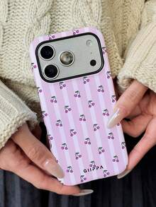 GIIPPA 1 Pc Pink Striped & Mini Cherry Design Phone 17 Pro Max Case, Fits 16 Pro Max, 15 Pro Max, 14 Pro Max, Korean Stylish & Interesting Phone Case, Compatible With IPhone 11/12/13/14/15/16 Pro Max Plus, Elegant Design Suitable For Both Men And Women, Ideal Gift For Girlfriend On Christmas, Valentine's Day, Easter, Wedding Season And Birthday - Multicolor - View 2