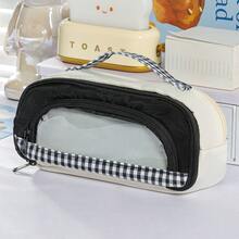 1pc Cute Transparent Window Portable Pencil Bag, Portable Large-Capacity 4-Layer Storage, Contrast Color Design Stationery Pouch, Transparent Compartment, Corduroy Material For Primary School Students - Multicolor - View 13