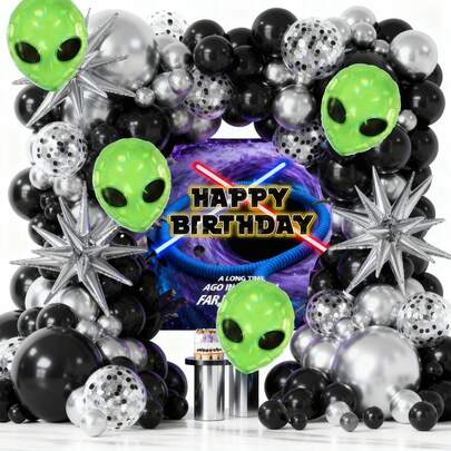 151pcs Space Theme & Balloon Arch Set, Suitable For Boys And Children's Birthday Party, Alien, Galaxy Theme Photography Backdrop, UFO Birthday Party Supplies