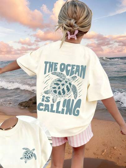 Camiseta de manga corta con cuello redondo con estampado de tortuga y letras, top informal de verano para chica adolescente