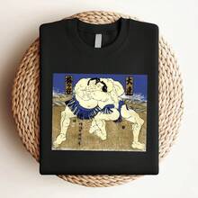 Maglietta da donna con stampa vintage degli anni '70, arte tradizionale giapponese, lottatori di sumo, rara maglietta taglia L - nero - Visualizzare 3