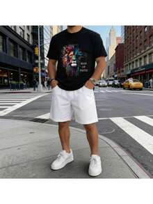 Conjunto para hombre estilo streetwear artístico con estampado colorido de león y temática de fe tela cómoda ajuste holgado cuello redondo manga corta verano uso diario casual set de camiseta y short - Negro 1 - Ver 2