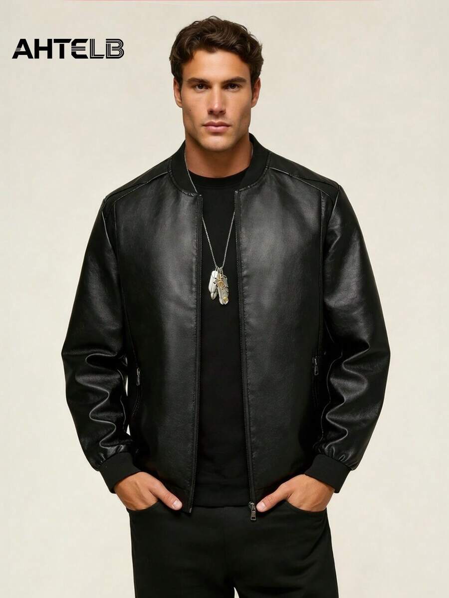 AHTELB 男士 PU 皮革夹克，时尚英伦风皮衣，复古立领休闲摩托车夹克，送给朋友、丈夫、男友的礼物，黑色春季款 - 黑色 - 查看 1
