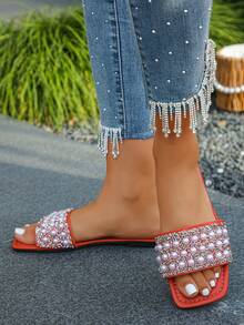 Women's Crystal Pearl Decor Square Toe Low Heel Flat Sandals, Fashionable Elegant Style, Suitable For Daily Wear And Outdoor Walking In Summer, Random Pattern Design - Red - View 4