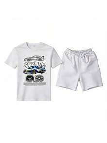 Conjunto para hombre estilo streetwear japonés racing con estampado gráfico de auto Skyline algodón suave ajuste holgado cuello redondo manga corta primavera verano uso casual set de playera y shorts - Blanco 1 - Ver 1