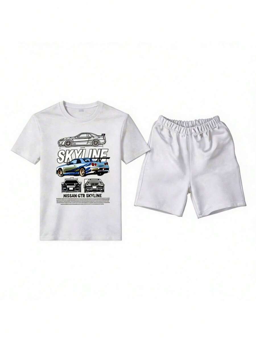 Conjunto para hombre estilo streetwear japonés racing con estampado gráfico de auto Skyline algodón suave ajuste holgado cuello redondo manga corta primavera verano uso casual set de playera y shorts - Blanco 1 - Ver 1