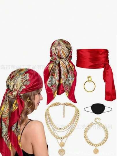 Bộ phụ kiện trang phục cướp biển dành cho nam, gồm mũ cướp biển, khăn trùm đầu, thắt lưng; và phụ kiện trang phục cướp biển dành cho nữ, màu đỏ, thích hợp cho các bữa tiệc hóa trang cướp biển, trò chơi nhập vai cướp biển, đêm Halloween, Giáng sinh, biểu diễn sân khấu, nhập vai, cosplay, tiệc hóa trang, lễ hội, sinh nhật, chụp ảnh, v.v.