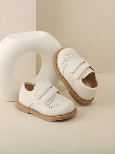 1 Pair Toddler/Kids Perforated Floral Leather Hook And Loop Round Toe Low Heel British Style Canvas Shoes, Suitable For Daily Wear, 1st Birthday Party, School Activities [Please Select Size Based On Actual CM Measurement]