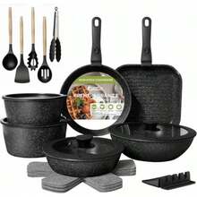 Juego de ollas y sartenes antiadherentes Juego de 23 Ollas Sarten Batería de Cocina Juego de Sartenes con Mango Desmontable Batería de Cocina Apto para Lavaplatos Y Horno - Negro - negro clásico - Ver 8