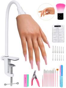 Veikmv Acrylic Nail Practice Hand, With Soft Silicone Rubber Fake Hand For Acrylic Nail & Gel Nail Practice, Beginner Set With Nail Brush And File Included - Apricot - View 2