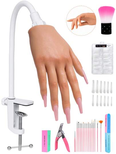  Veikmv Acrylic Nail Practice Hand, With Soft Silicone Rubber Fake Hand For Acrylic Nail & Gel Nail Practice, Beginner Set With Nail Brush And File Included