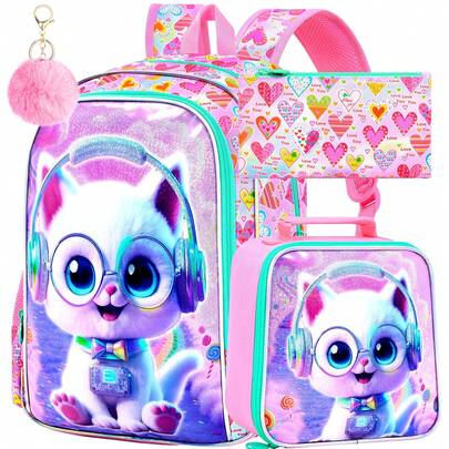 3 piezas Mochila para niñas, Mochila escolar de 16" para niños pequeños con diseño de gato, Mochilas y lonchera para la escuela primaria