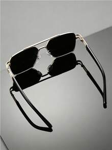 1 Pair Of Women's Black-Silver Double-Bridge Pilot Sunglasses, Metal Material, UV400 Sun Protection, Minimalist Pool-Style Sunglasses, Summer Vacation Style - Multicolor - View 6