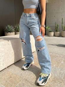 UMINOW 女士休闲浅色水洗破洞直筒牛仔裤，带口袋和拉链，长款无弹力春季款 - 藍色 - 查看 8