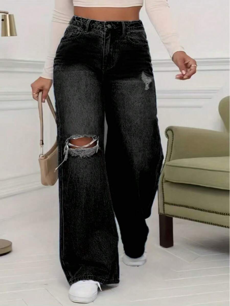 High Quality Casual Loose Fit Distressed Pocket Design Denim Wide Leg Pants Spring Black - Black - View 1