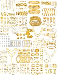 68/58/35件套复古波西米亚风粗链饰品套装，包含几何结、心形、蝴蝶、仿珍珠、水晶等闪亮元素，款式多样，包括扭结、编织、多层、方形、星星、月亮、流苏吊坠项链、耳环、戒指、手链，时尚简约，优雅复古，适合节日、派对、约会、送礼、日常佩戴。 - 金黃色 - 查看 13