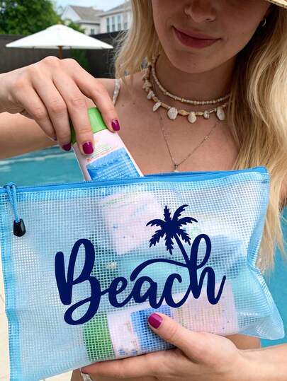 这款防水时尚沙滩包印有“Beach Please”字样的海星图案。大容量透明化妆包，配有尼龙拉链，轻便耐用，适合春夏季节收纳，非常适合游泳、海滩、潜水和暑假出行，也适合学生返校使用。轻便防晒收纳包，适合送给朋友、家人、闺蜜、同学。是生日、节日、派对、婚礼（伴娘）、母亲节、教师节的完美礼物和纪念品。