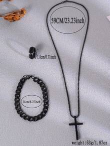 Set de 3 piezas de pulsera, collar y anillo de acero inoxidable, para uso diario de hombres - Negro - Ver 4