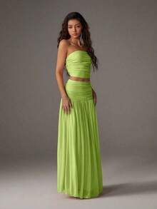 2pcs Set Women Romantic Pink Mesh Bandeau Top And High Waist Pleated Mesh Maxi Skirt, Vacation Outfit Spring/Summer - Green - View 5