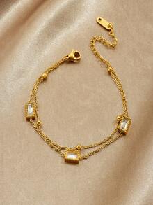 1条时尚镀金不锈钢方形双层可叠戴链条简约女士手链 - 金色 - 查看 2